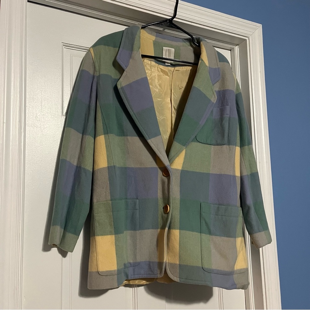 Vintage Clifford & Wills women’s 12 blue green yellow plaid blazer wool fall